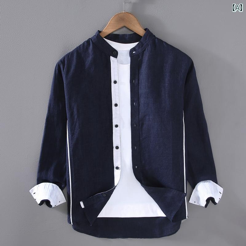 リネン 長袖 シャツ 春夏 先染め 生地 シャツ ステッチ フル リネン 生地 シャツ トップス 服