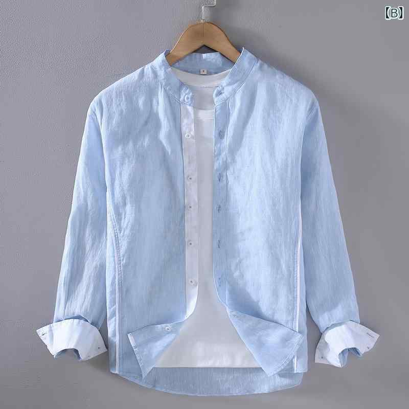 リネン 長袖 シャツ 春夏 先染め 生地 シャツ ステッチ フル リネン 生地 シャツ トップス 服