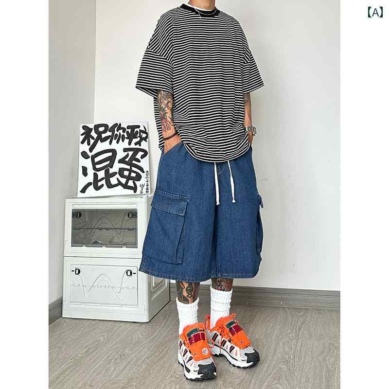 アメリカン レトロ デニムショートパンツ 夏 ワークウェア 七分丈 ズボン ワイドレッグ パンツ