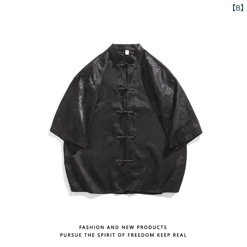 チャイナ風 唐 装 夏 薄氷 半袖 シャツ ドラゴン 柄 ジャカード トップス チャイナ風 漢服