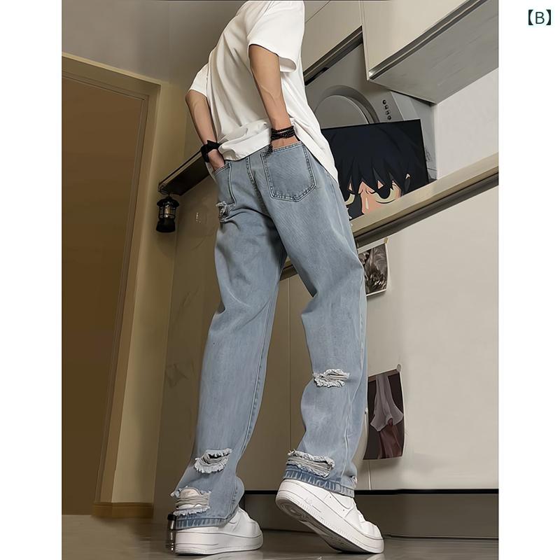 ブルー ダメージ ジーンズ ストレート スリム パンツ 夏 薄手 涼しい 涼しい ワイドレッグ パンツ ストリート パンツ