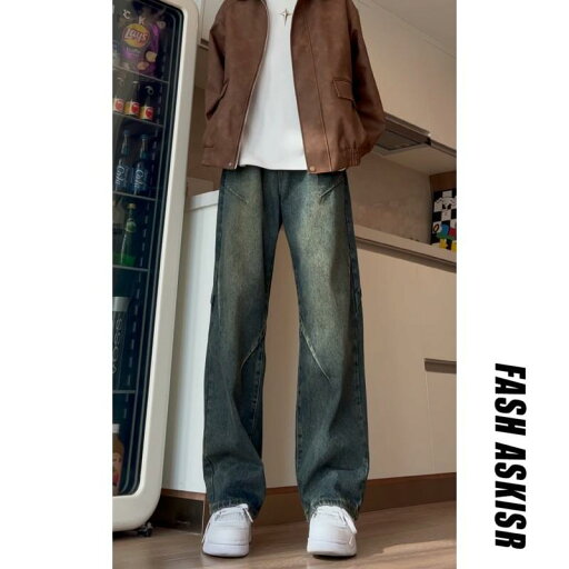ウォッシュド レトロ ブルー ジーンズ ストレート パンツ アメリカン ストリート レッグ レングス フレア パンツ ウォッシュド レトロ ブルー ジーンズ ストレート パンツ アメリカン ストリート レッグ レングス フレア パンツ