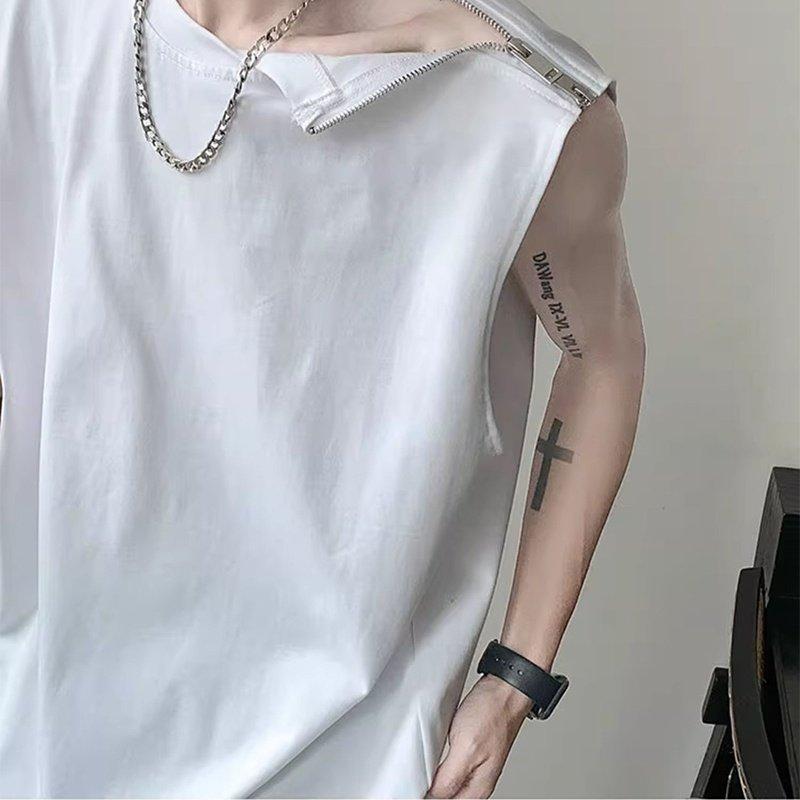 ベスト ジッパー オーバー サイズ 小さめ ネック ライン ノースリーブ チョッキ Tシャツ スポーツフィットネス ベース