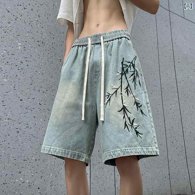 竹 刺繍 デニムショートパンツ 夏 薄手 涼しい 涼しい ゆったり ハーフ ショート パンツ チャイナ風 レトロ レトロ チャイナ風 パンツ