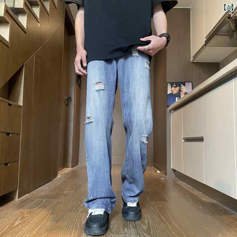 ひんやり 涼しい 快適 ジーンズ 薄手 涼しい 涼しい 夏 ワイドレッグ パンツ ダメージ レトロ パンツ アメリカン ストリート パンツ