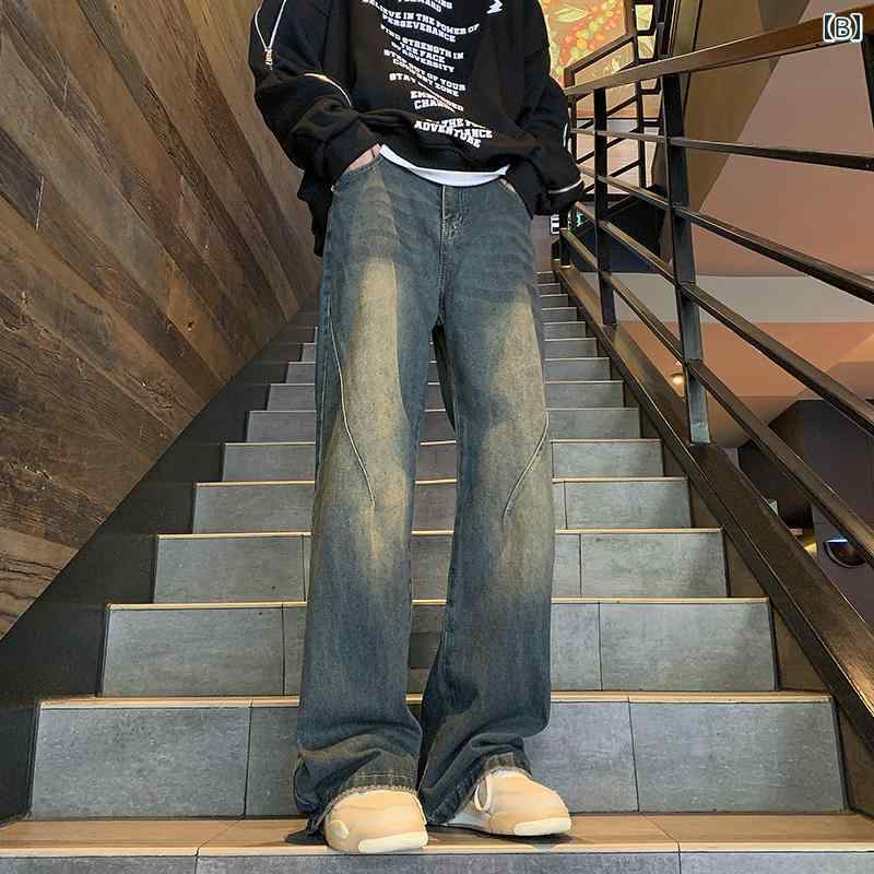 アメリカン ストリート ジーンズ 夏 レトロ ブーツ カット パンツ トレンディ ストレート ワイドレッグ パンツ