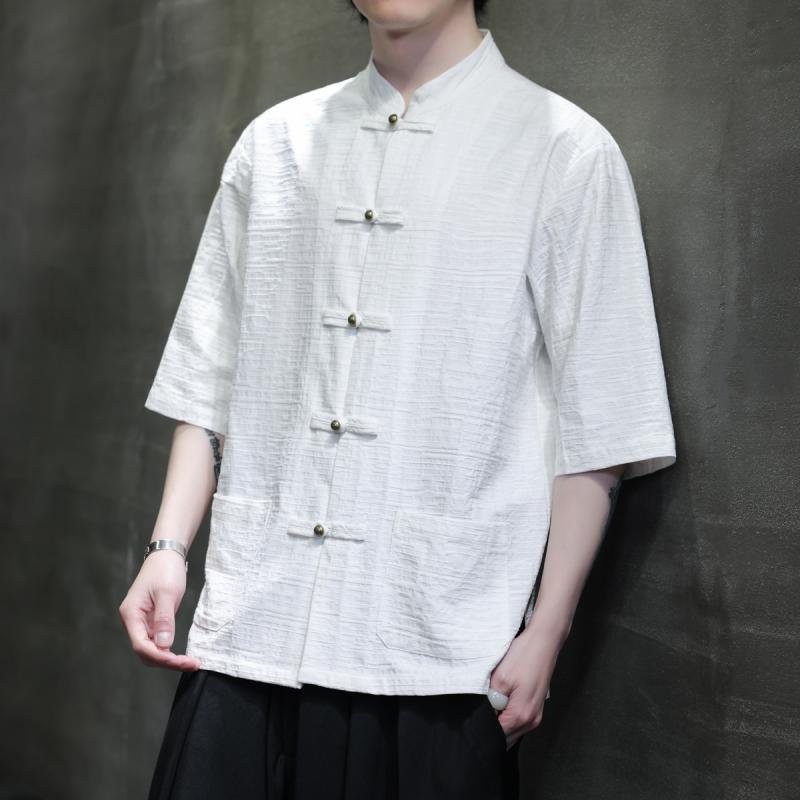 チャイナ風 銅 ボタン リネンシャツ 半袖 夏 薄手 涼しい 涼しい 綿 リネン トップス チャイナ風 ジャ..