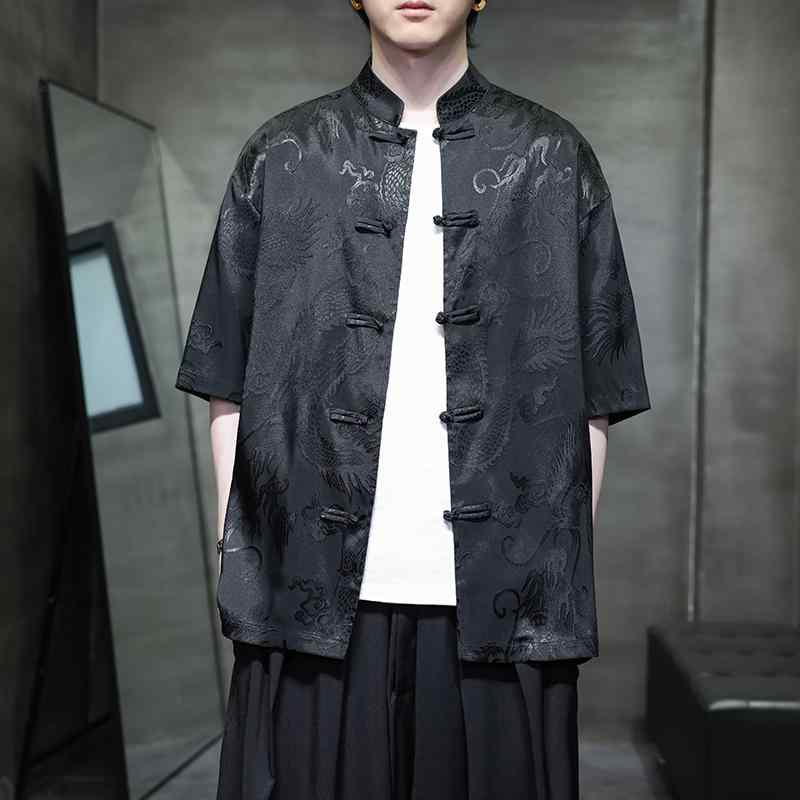 チャイナ風 シャツ チャイナ風 ドラゴン 柄 ジャカード 唐 セットアップ 漢服 夏 薄氷 半袖 シャツ