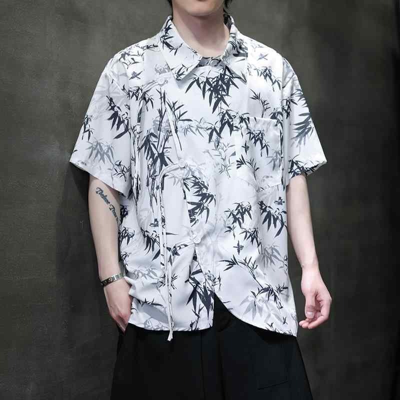 竹 プリント ひんやり 涼しい 快適 半袖 シャツ チャイナ風 トップス 夏 チャイナ風 唐 セットアップ 漢服