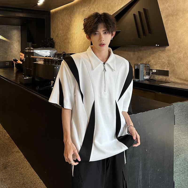 夏 ハーフ ジップ 半袖 ポロシャツ ショルダーパッド トップス アメリカン ストリート Tシャツ