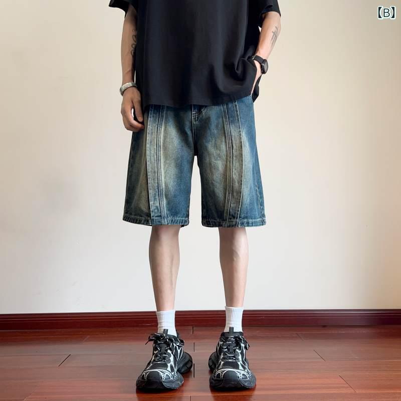 ウォッシュド オールド ワークウェア デニム ジーンズ ショート パンツ アメリカン ストリート パンツ 夏 ハーフ ショート パンツ ストレート レッグ パンツ