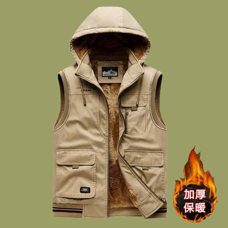 冬 厚手 起毛 マルチ ポケット 綿 ベスト 暖かい フード ベスト ジャケット