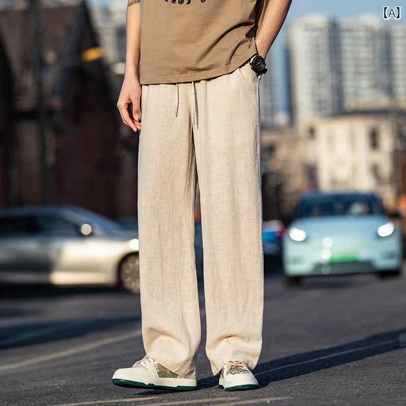 パンツ 夏 薄手 涼しい 通気 コットンリネン ワイドレッグ パンツ ストレート レッグ パンツ リネン パンツ