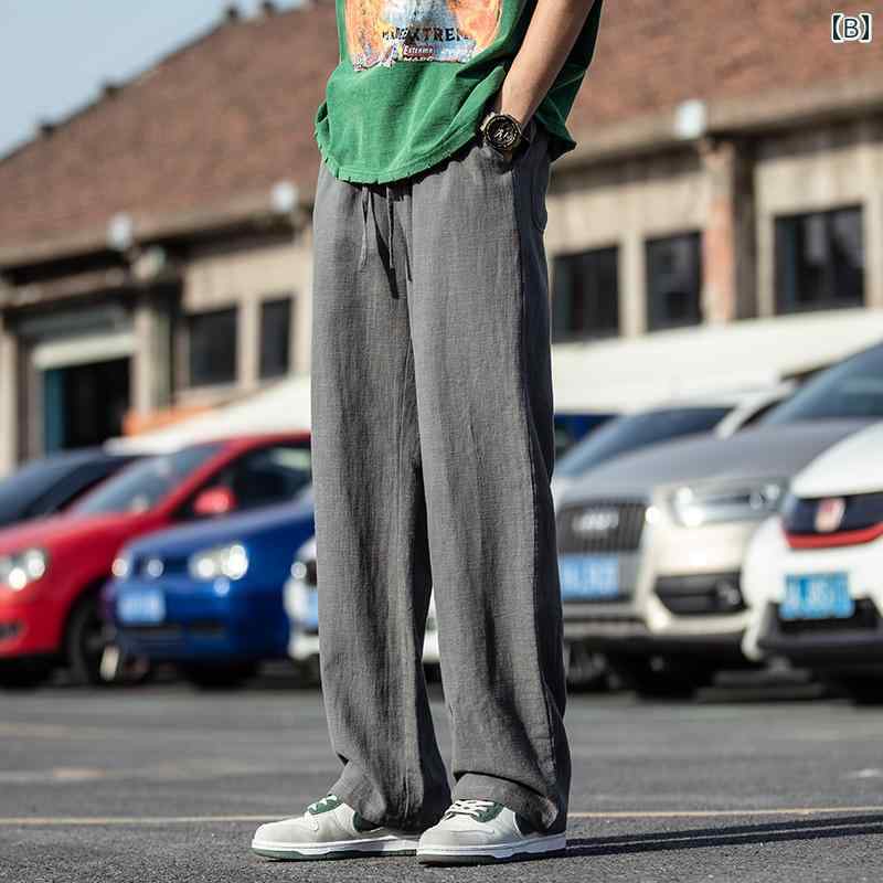 パンツ 夏 薄手 涼しい 通気 コットンリネン ワイドレッグ パンツ ストレート レッグ パンツ リネン パンツ