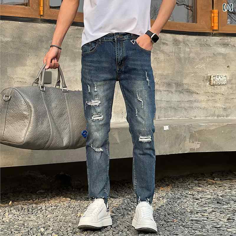 薄手 涼しい ダメージ 夏 トレンド 韓国 スリム フィット 細み スリム 九分丈 パンツ トレンド