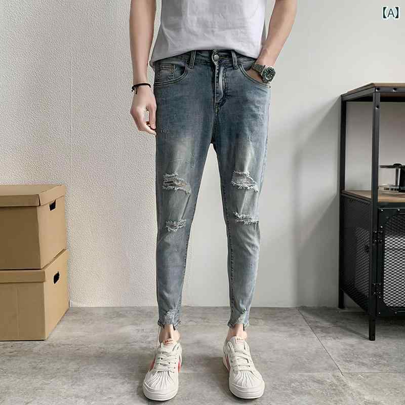 ダメージ 夏 軽量 涼しい カラー スリムフィット クロップド パンツ アメリカン ストリート 九分丈 パンツ