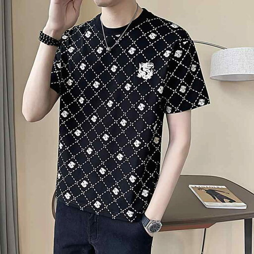 半袖 Tシャツ 夏 トレンド 市松 模様 プリント ドラゴン トレンディ 半袖 ラウンドネック Tシャツ 半袖 Tシャツ 夏 トレンド 市松 模様 プリント ドラゴン トレンディ 半袖 ラウンドネック Tシャツ