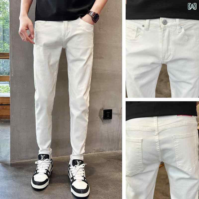 メンズ ファッション カジュアル おしゃれ 夏 薄手 涼しい トレンディ 白 ストレッチジーンズ スリムフィット スリム 足 パンツ