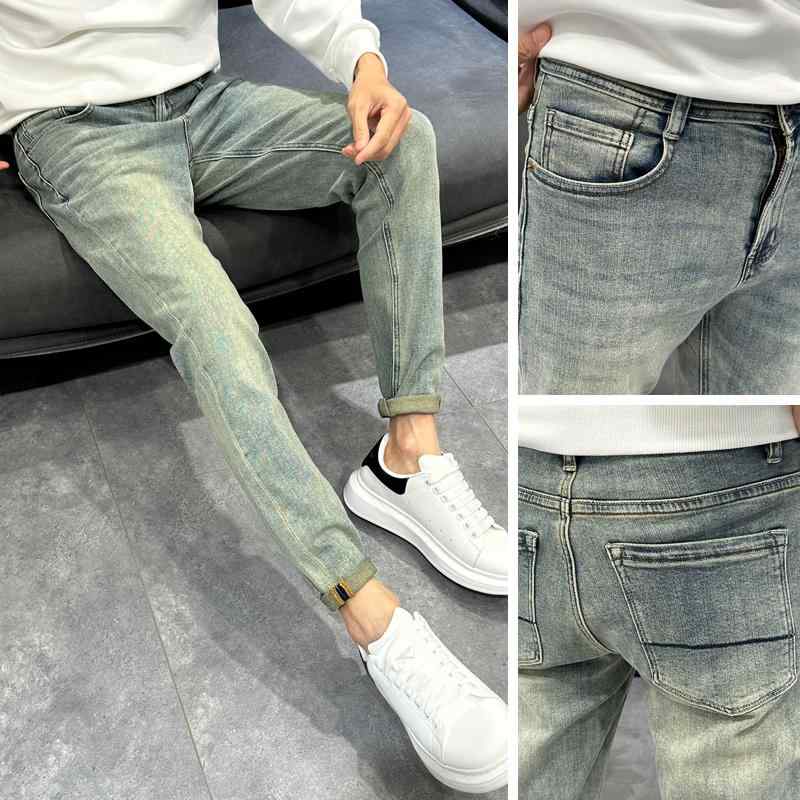 メンズ ファッション カジュアル おしゃれ ジーンズ レトロ ウォッシュ トレンディ ストレッチ スリムフィット 裾細 パンツ 秋 パンツ
