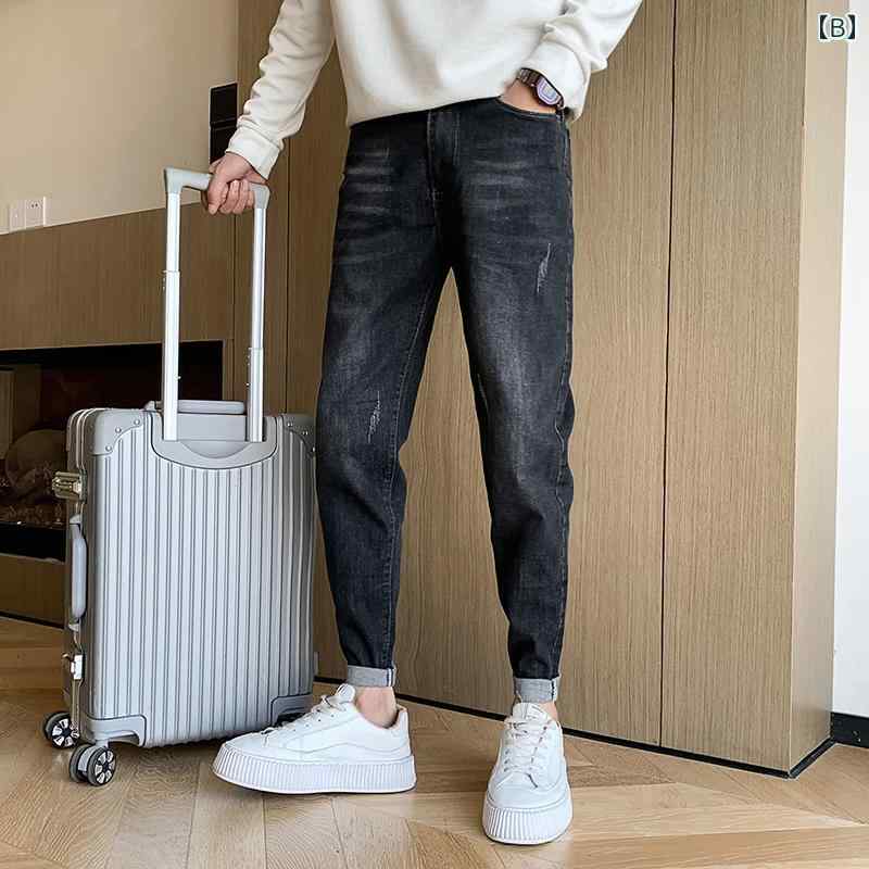 メンズ ファッション カジュアル おしゃれ ジーンズ 秋 トレンディ ストレッチ ロング パンツ レトロ グレー 裾細 パンツ