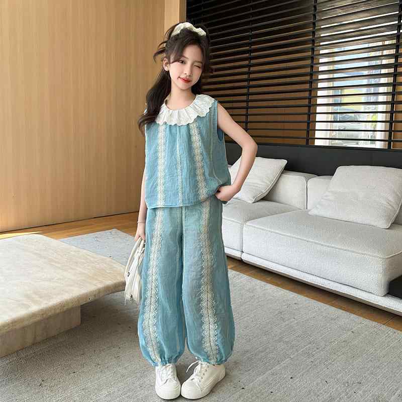 子供服 女の子 セットアップ おしゃれ カジュアル 夏 綿 形 襟 トップス ビッグ ワイドレッグ パンツ 2点セット