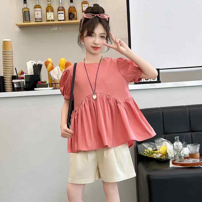 子供服 女の子 セットアップ おしゃれ カジュアル 夏 スクエアネック パフスリーブ ズボン パンツ