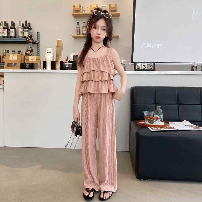 子供服 女の子 セットアップ おしゃれ カジュアル 夏 サスペンダー ワイドレッグ パンツ 少女 薄手 涼しい