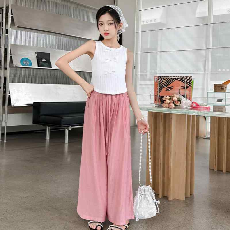 子供服 女の子 夏 セットアップ かわいい キュロット 薄手 涼しい ゆったり ワイドレッグ パンツ トレンディ ベスト 2点