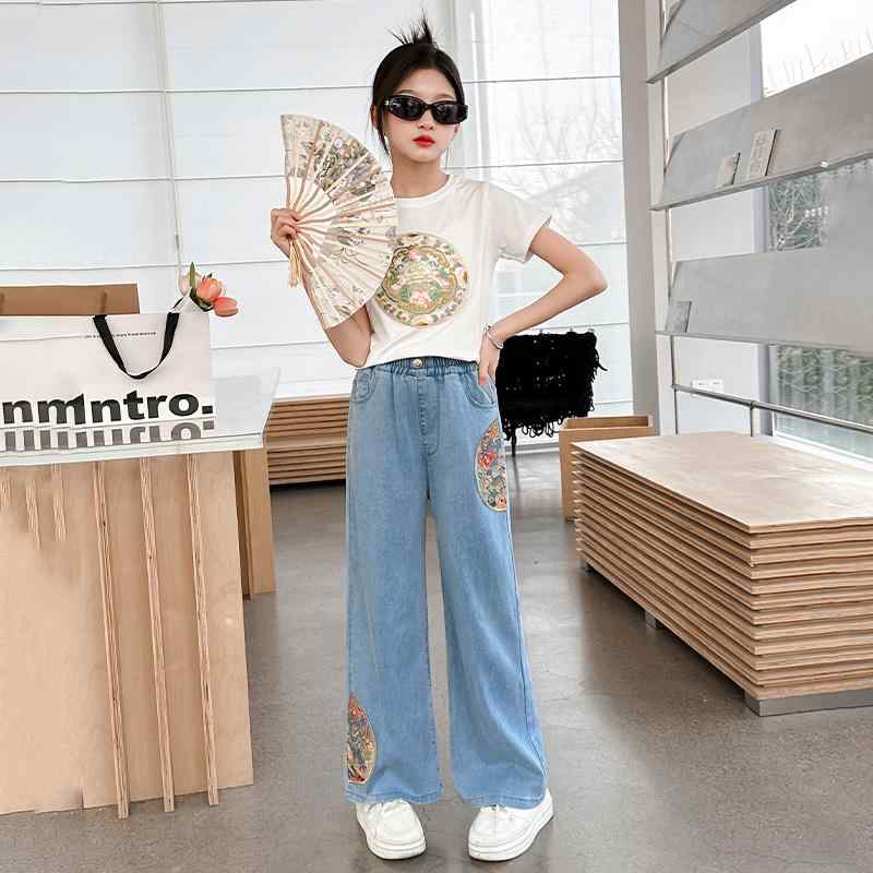 子供服 女の子 セットアップ おしゃれ カジュアル デニム トップス 半袖 夏 薄手 涼しい セットアップ テンセル ジーンズ トレンド