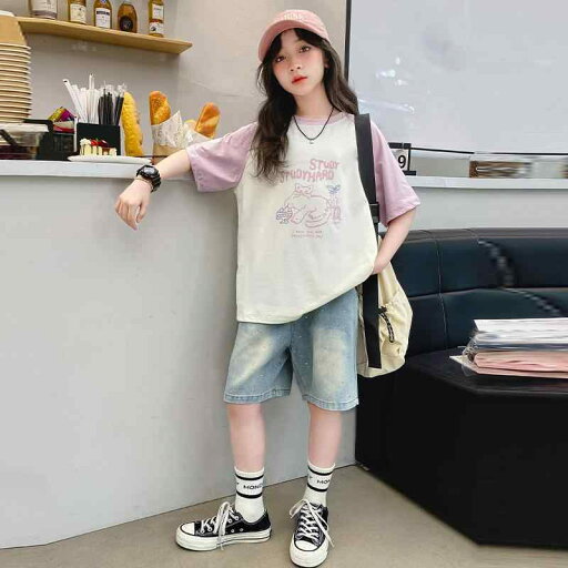 子供服 女の子 セットアップ おしゃれ カジュアル デニム トップス 半袖 Tシャツ セット 夏 薄手 涼しい ショートパンツ 2点 セット 子供服 女の子 セットアップ おしゃれ カジュアル デニム トップス 半袖 Tシャツ セット 夏 薄手 涼しい ショートパンツ 2点 セット