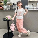 子供服 女の子 セットアップ おしゃれ カジュアル 夏 薄手 涼しい 半袖 トップス 2点セット ウェア