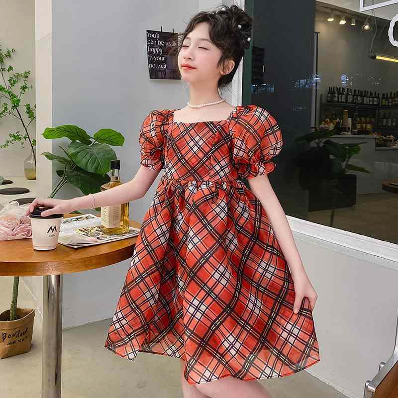 ワンピース 女の子 夏 かわいい ドレス 子供 チェック スカート 休み パフスリーブ プリンセス スカート