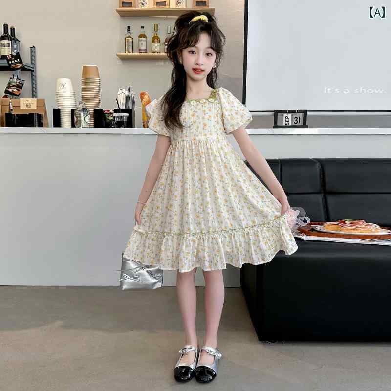 女の子 ファッション キッズ 花柄 ドレス 夏 薄手 涼しい 子供 パフスリーブ プリンセス ドレス 子供 ドレス