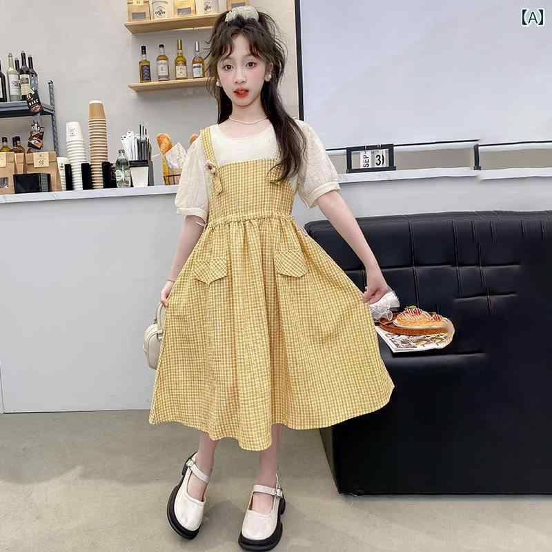 女の子 ファッション キッズ ドレス 夏 薄手 涼しい 涼しい 子供 フェイク セットアップ スカート 子供 チェック プリンセス ドレス