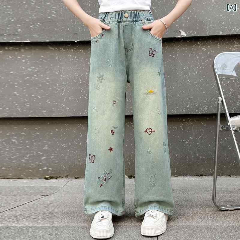 女の子 パンツ デニム カジュアル おしゃれ ジーンズ 夏 薄手 涼しい 子供 ワイドレッグ 子供 ストレート