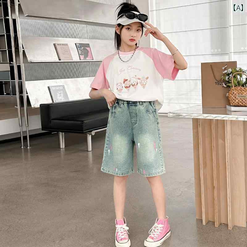 子供服 女の子 セットアップ おしゃれ カジュアル デニム トップス ショーツセット 夏 薄手 涼しい ジーンズ 2点 セット 半袖 トレンド