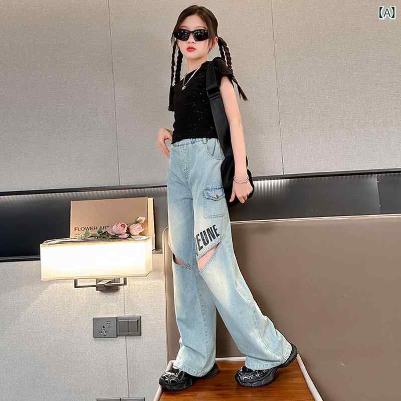 子供服 女の子 セットアップ おしゃれ カジュアル デニム トップス 半袖 夏 薄手 涼しい ダメージ ジーンズ 2点 セット ウェア