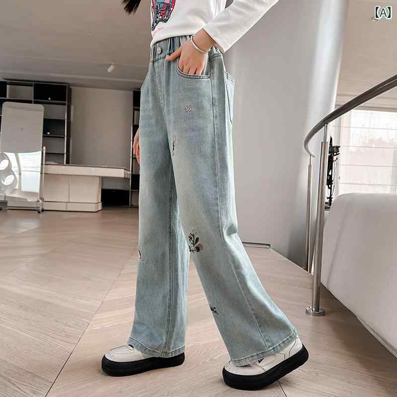 デニム パンツ 女の子 カジュアル おしゃれ キッズ 子供 ワイドレッグ 春秋 アウターウェア ストレート 春