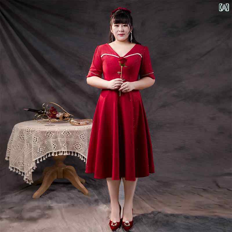 ぽっちゃり ワンピース レディース ファッション 上品 大きいサイズ ドレス 花嫁 スリム 結婚式 婚約 ドレス 赤 イブニングドレス 着