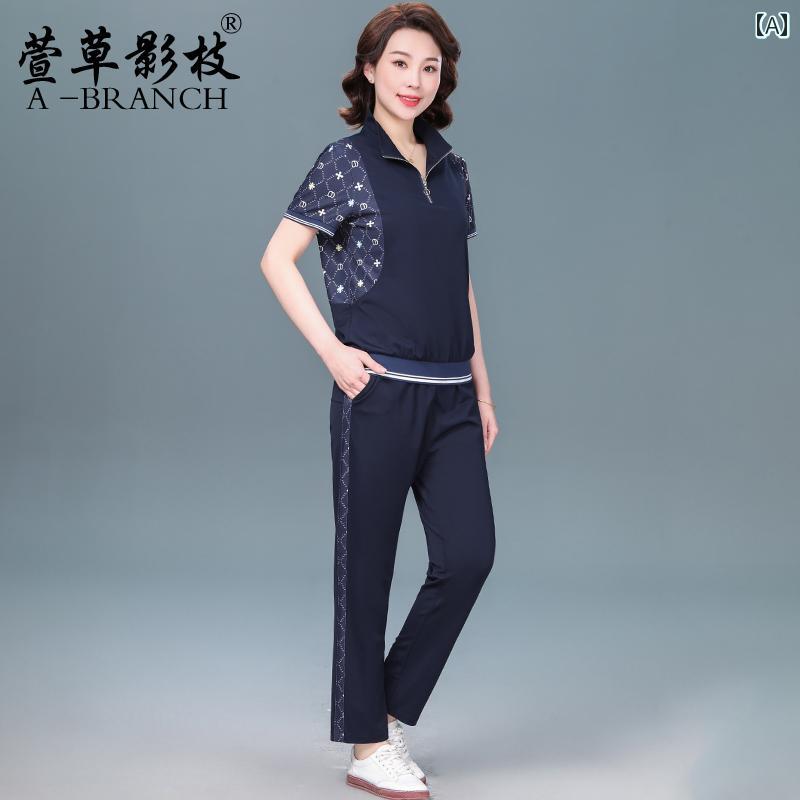 ミセス ファッション 婦人服 体型カバー 上品 淑女 レディース 大きいサイズ 夏 スポーツウェア セットアップ 40 夏 半袖 2点 セット