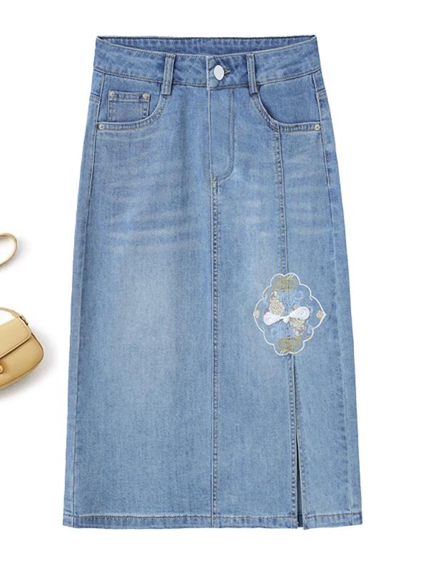 レディース ファッション おしゃれ 夏 チャイナ風 刺繍 スリット デニムスカート レトロ ハイウエスト スリム ヒップ ミディ スカート