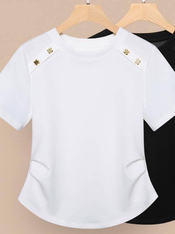 レディース ファッション おしゃれ 夏 ゴールド エポレット ラウンドネック トップス 折り畳まれた ウエスト シャツ