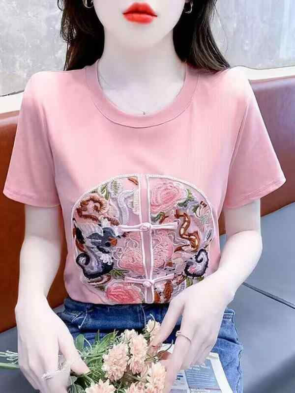 レディース ファッション おしゃれ チャイナ風 半袖 Tシャツ 夏 シャツ 風 刺繍 トップス