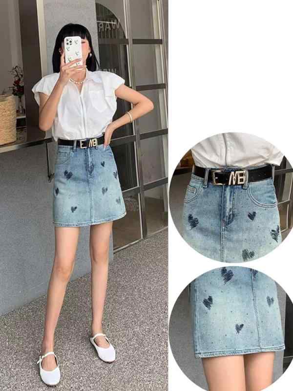 レディース ファッション おしゃれ 春夏 愛 刺繍 デニムスカート ハイウエスト スリム 露出 防止 快適 ショート スカート ヒップ カバー スカート トレンディ スカート