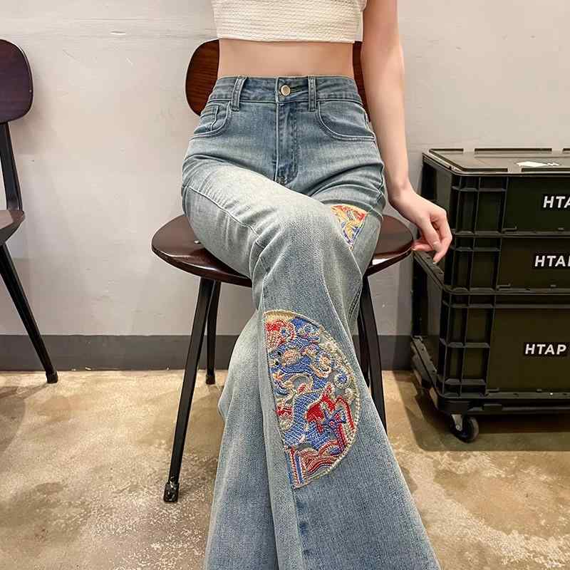 Boot Cut Jeans - レディース ファッション カジュアル おしゃれ チャイナ風 刺繍 ブーツ カット パンツ 春夏 ハイウエスト スリム チャイナ風 デニムベルボトムパンツ より スリム