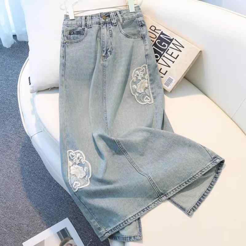 レディース ファッション おしゃれ 刺繍 デニムスカート 春夏 丈 ハイウエスト スリムフィット 快適 スリット ロング スカート