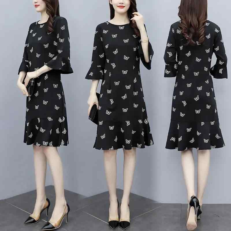 レディース ファッション 七分袖 ドレス 夏 大きいサイズ ウエスト スリム フリル フィッシュテール スカート レングス スカート