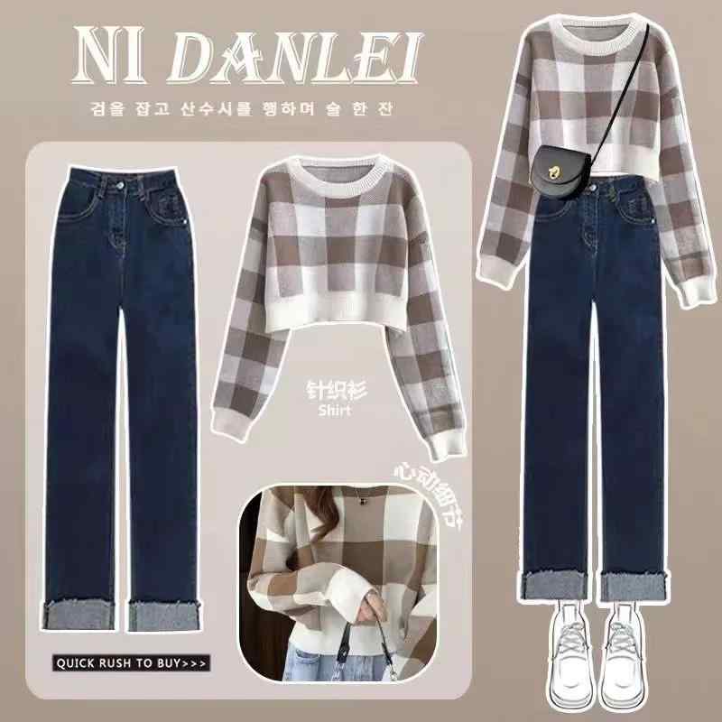セットアップ レディース 韓国 優しい ニット トップス 小さめ 人 初秋服装 ジーンズ