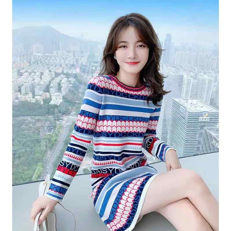 レディース ファッション 秋服 ストライプ スリム ニット ドレス 秋 レター 柄 セーター スカート 秋冬