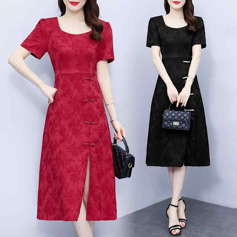 レディース ファッション 大きいサイズ ドレス 夏 ぽっちゃり 体型カバー スリム レトロ バックル チャイナ ドレス